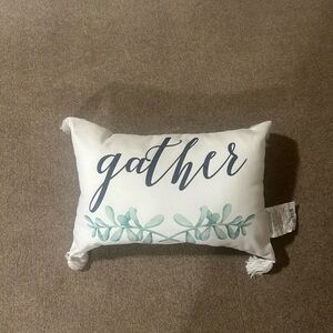 White Pillow with 'Gather' Print